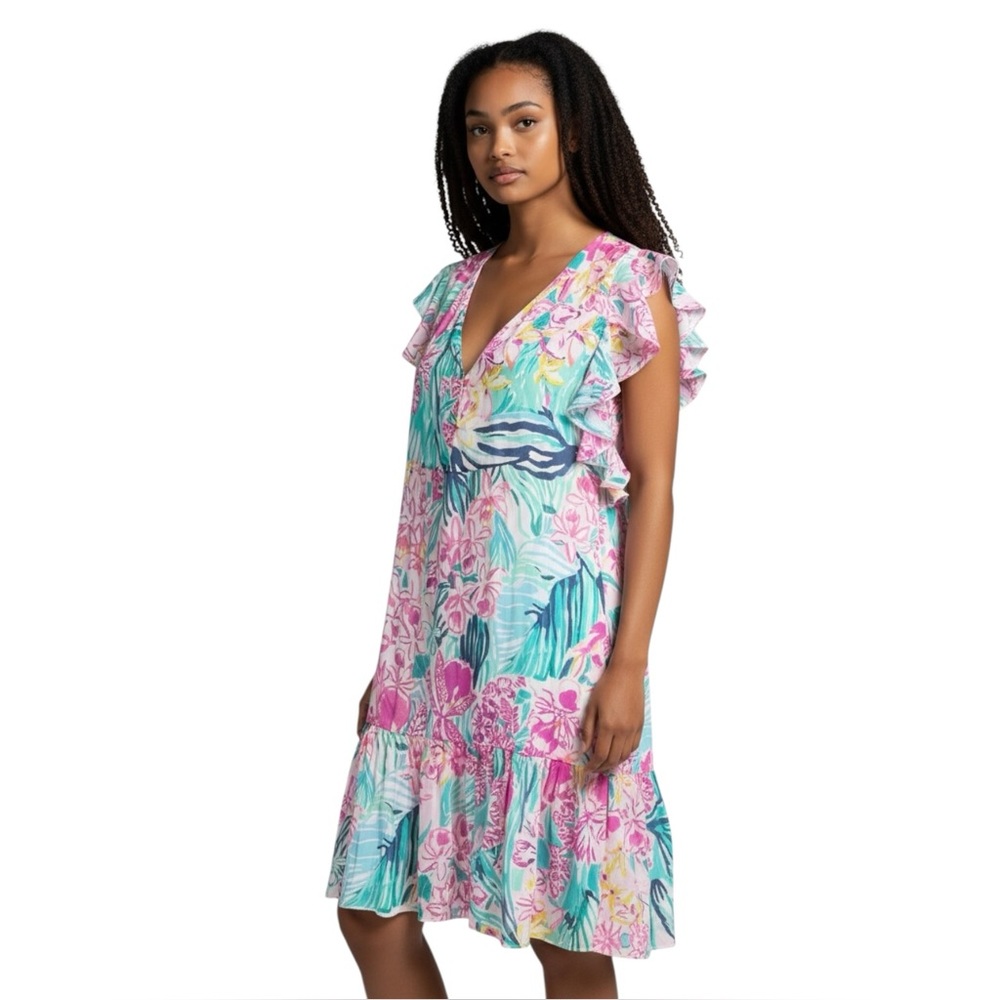 Lilly Pulitzer Floral Flutter Sleeve Ruffle Hem Dress